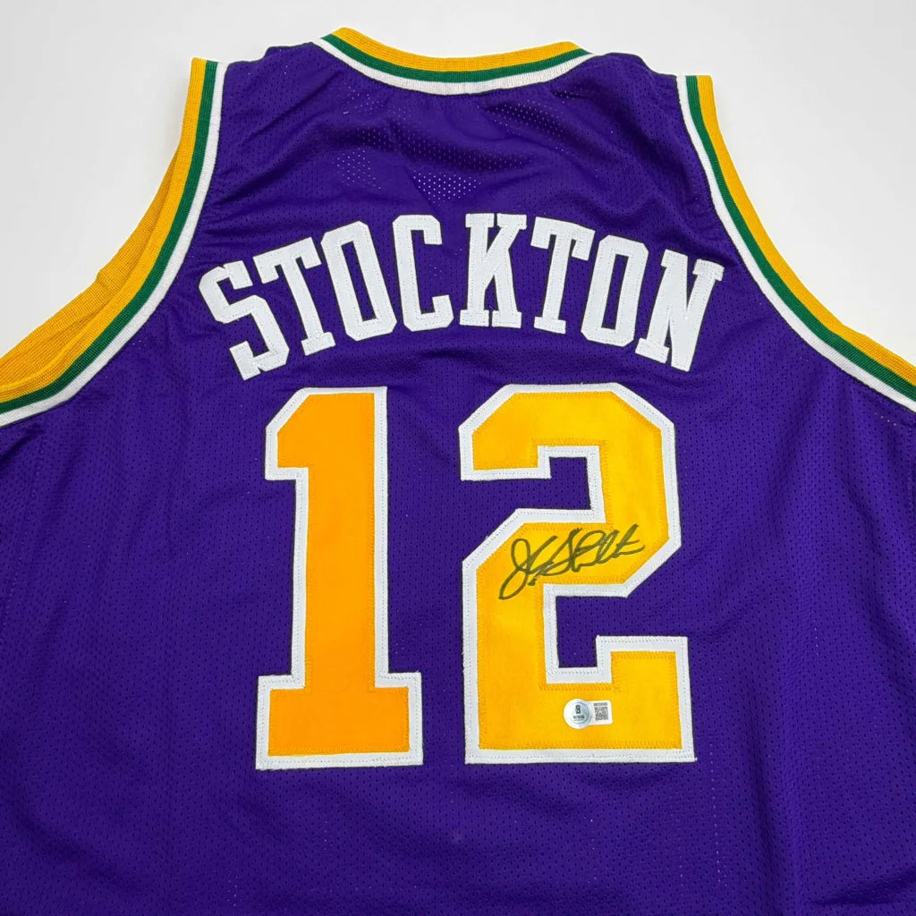 Autographed John Stockton Utah Purple Basketball Jersey Beckett BAS COA | Certified Authentic Signed Memorabilia | vintageantiquesgifts.com