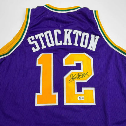 Autographed John Stockton Utah Purple Basketball Jersey Beckett BAS COA | Certified Authentic Signed Memorabilia | vintageantiquesgifts.com