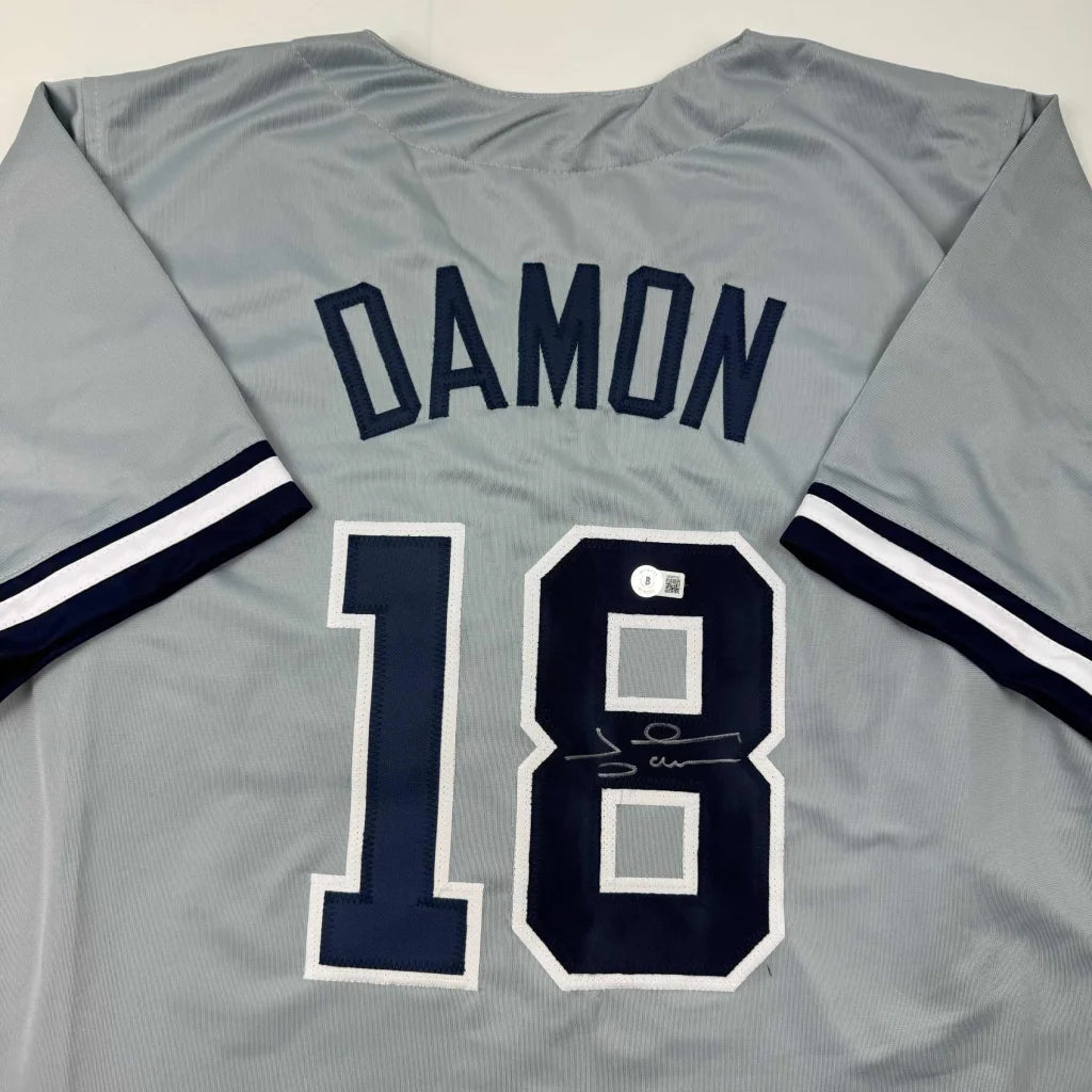 Autographed Johnny Damon New York Grey Baseball Jersey Beckett BAS COA | Certified Authentic Signed Memorabilia | vintageantiquesgifts.com