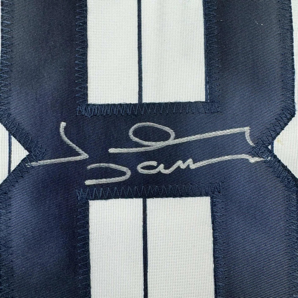 Autographed Johnny Damon New York Pinstripe Baseball Jersey Beckett BAS COA | Authenticated Signed Sports Jersey | vintageantiquesgifts.com