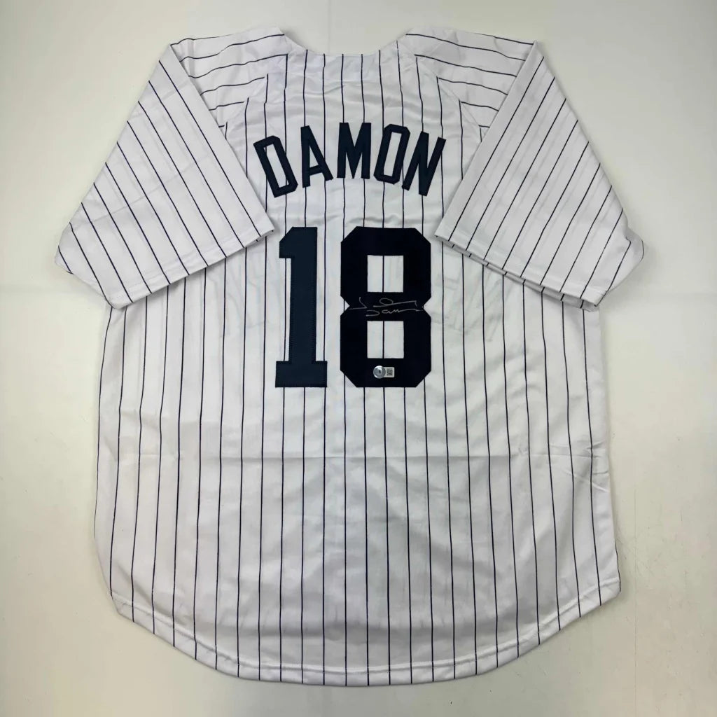 Autographed Johnny Damon New York Pinstripe Baseball Jersey Beckett BAS COA | Hall of Fame Sports Memorabilia | vintageantiquesgifts.com