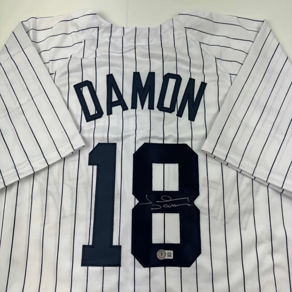 Autographed Johnny Damon New York Pinstripe Baseball Jersey Beckett BAS COA | Certified Authentic Signed Memorabilia | vintageantiquesgifts.com
