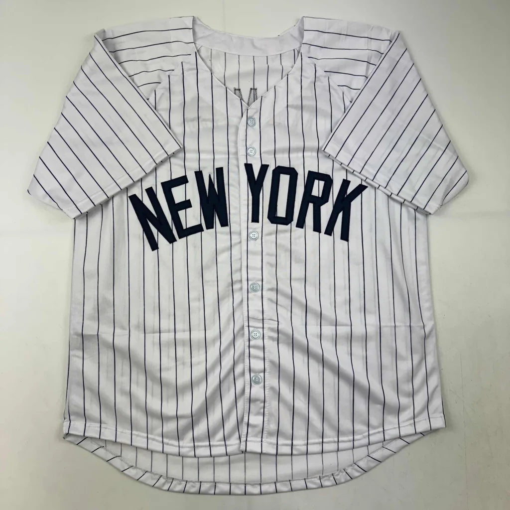 Autographed Johnny Damon New York Pinstripe Baseball Jersey Beckett BAS COA | Authenticated Signed Sports Jersey | vintageantiquesgifts.com