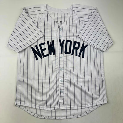 Autographed Johnny Damon New York Pinstripe Baseball Jersey Beckett BAS COA | Authenticated Signed Sports Jersey | vintageantiquesgifts.com