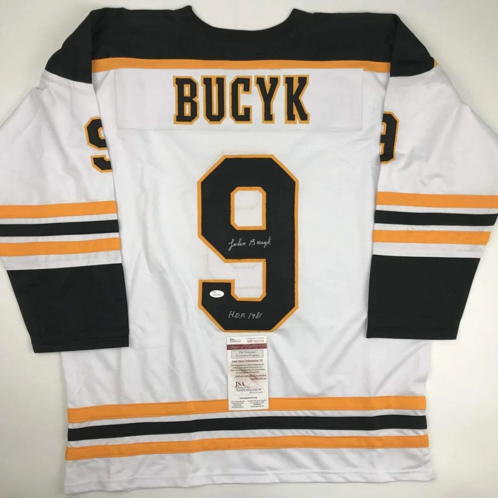 Autographed Johnny John Bucyk HOF 1981 Boston White Hockey Jersey JSA COA | Hall of Fame Sports Memorabilia | vintageantiquesgifts.com
