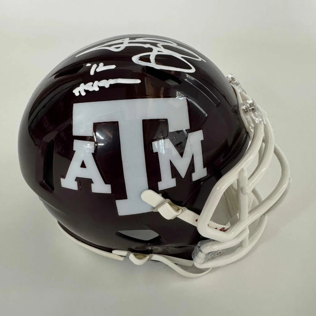 Autographed maroon and white Texas A&M football helmet with third party authentication