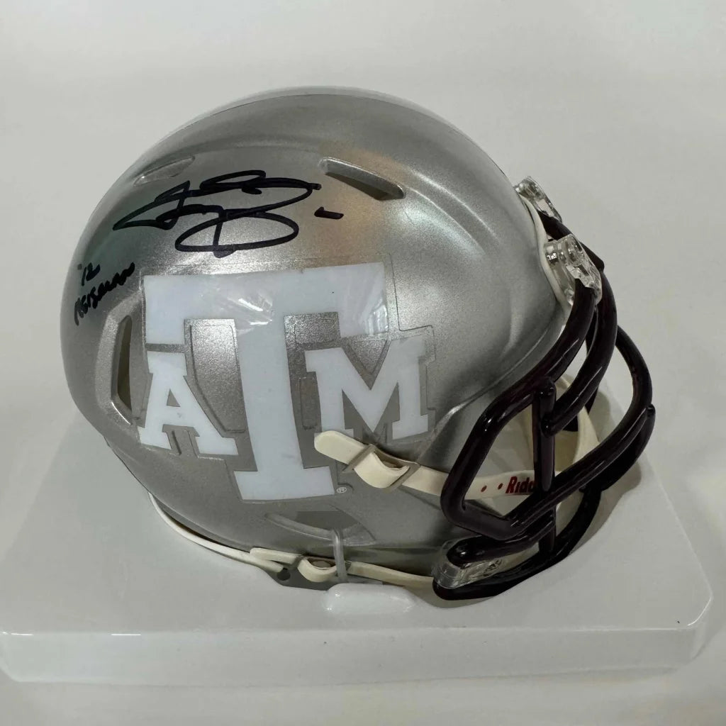 Silver Texas A&M football helmet with autographs and third party authentication for fans