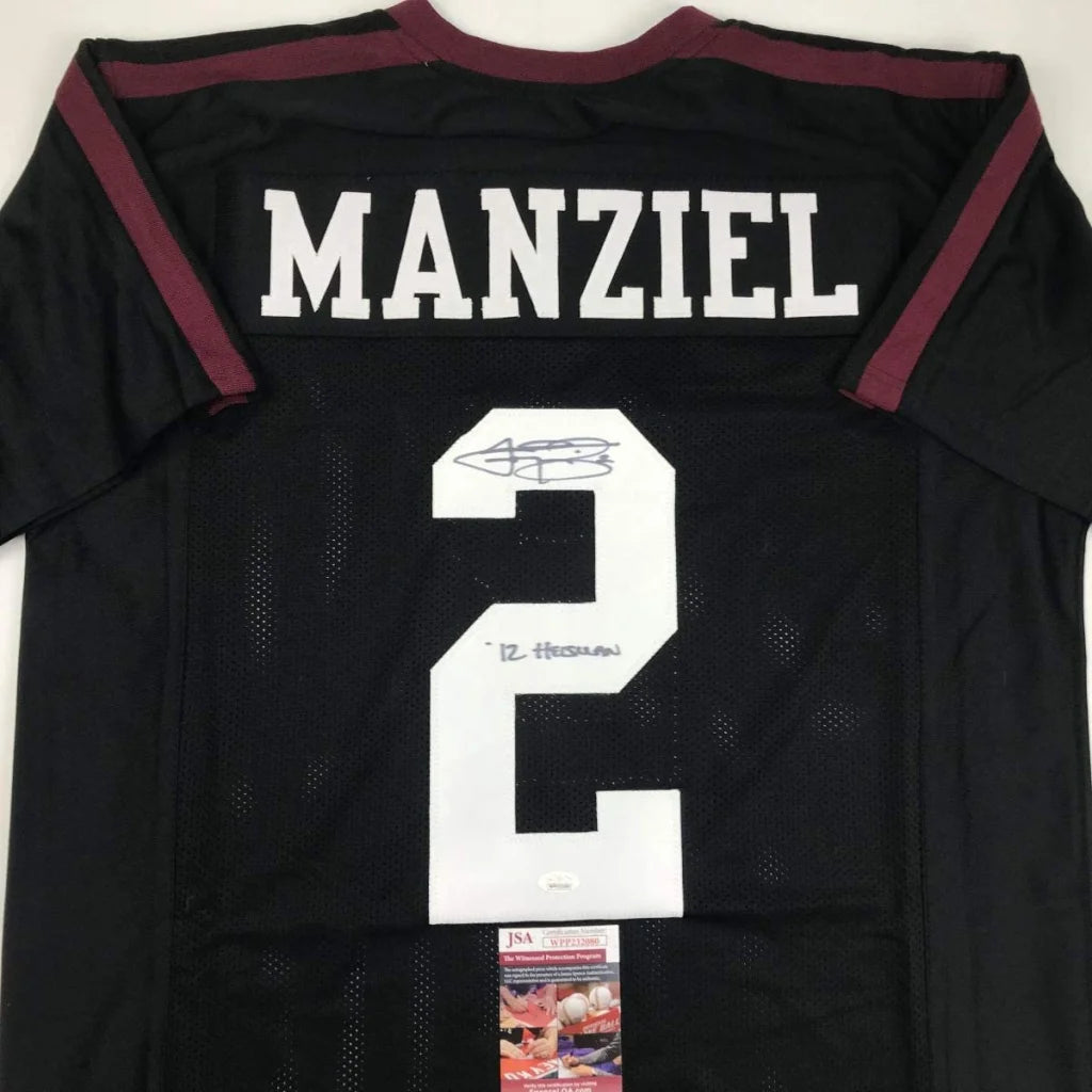 Back of a black custom football jersey with maroon trim featuring manziel name and number 2 signed in white lettering
