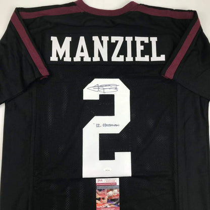 Back of a black custom football jersey with maroon trim featuring manziel name and number 2 signed in white lettering