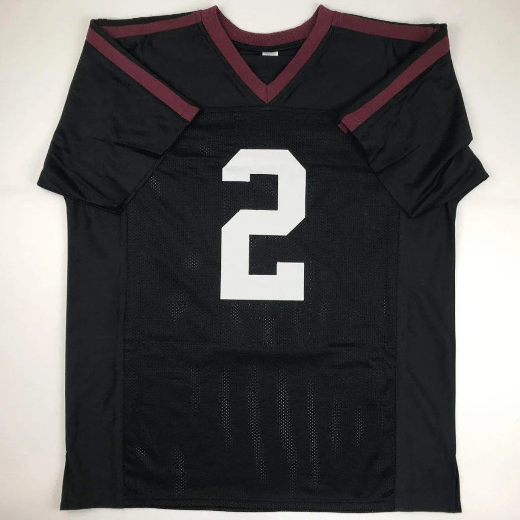 Black football custom jersey with maroon trim and white number 2 featuring autograph from professional sports league player