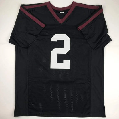 Black football custom jersey with maroon trim and white number 2 featuring autograph from professional sports league player