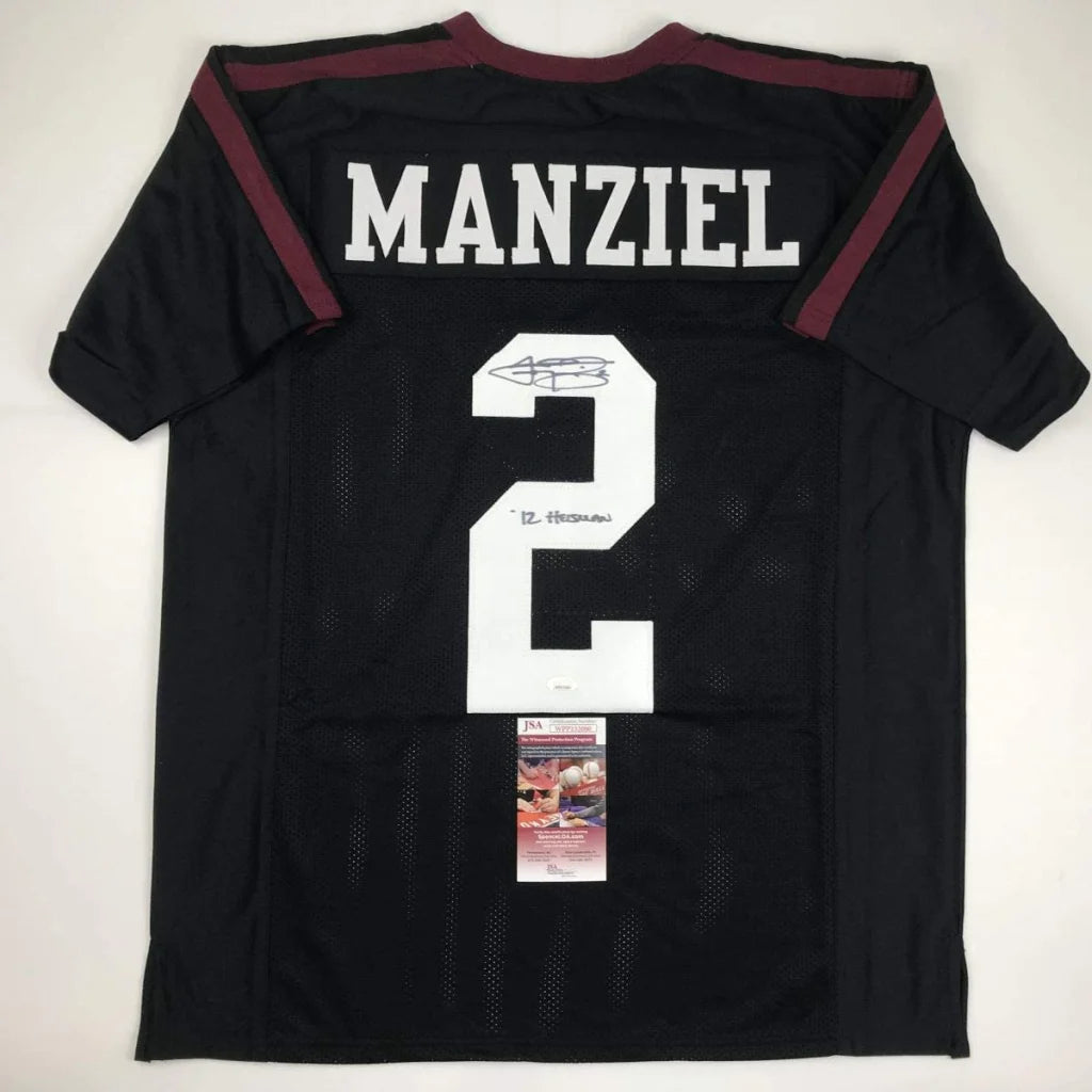 Back of autographed black Johnny Manziel custom jersey with maroon trim number 2 from professional sports league