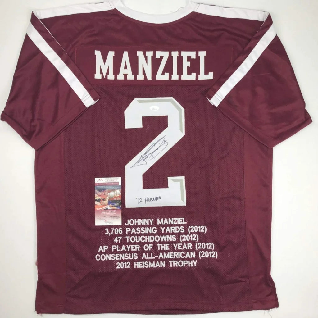 Back of maroon texas am college football jersey with white lettering manziel 2 signed by johnny manziel professional sports