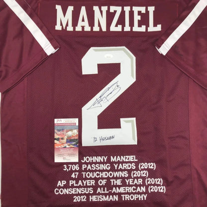 Back of maroon texas a&m custom jersey with white lettering and number 12 featuring an autographed signature from johnny manziel