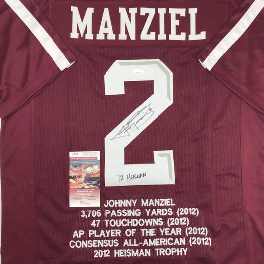 Back of maroon texas a&m custom jersey with white lettering and number 12 featuring an autographed signature from johnny manziel