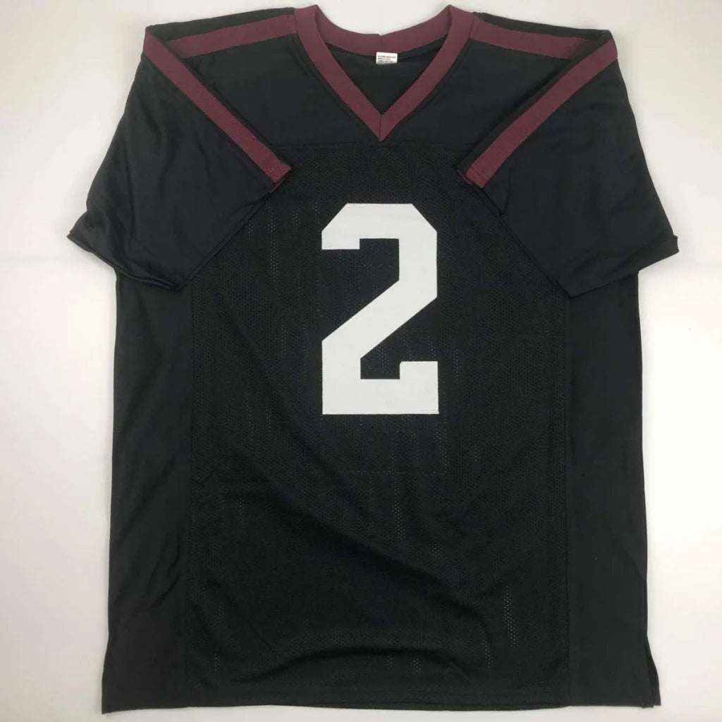 Autographed Johnny Manziel Texas A&M black custom football jersey with maroon trim and white number 2 for professional sports fans