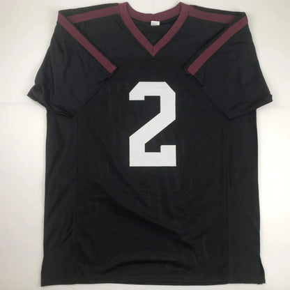 Autographed Johnny Manziel Texas A&M black custom football jersey with maroon trim and white number 2 for professional sports fans
