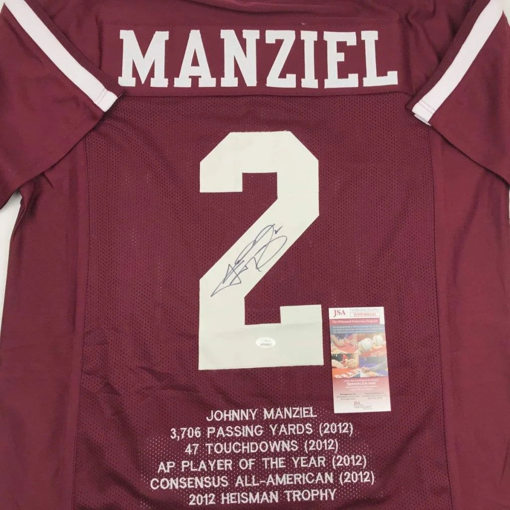 Back of maroon autographed johnny manziel texas a&m custom jersey with white lettering and signature inside number 2