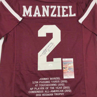 Back of maroon autographed johnny manziel texas a&m custom jersey with white lettering and signature inside number 2
