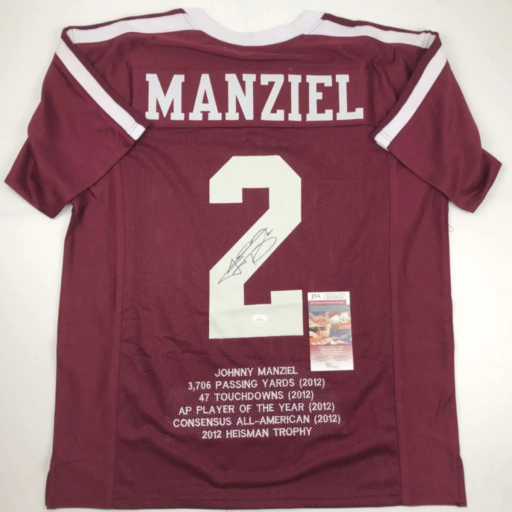 Back of maroon texas am custom jersey signed by johnny manziel featuring white lettering and number 2 for professional sports fans