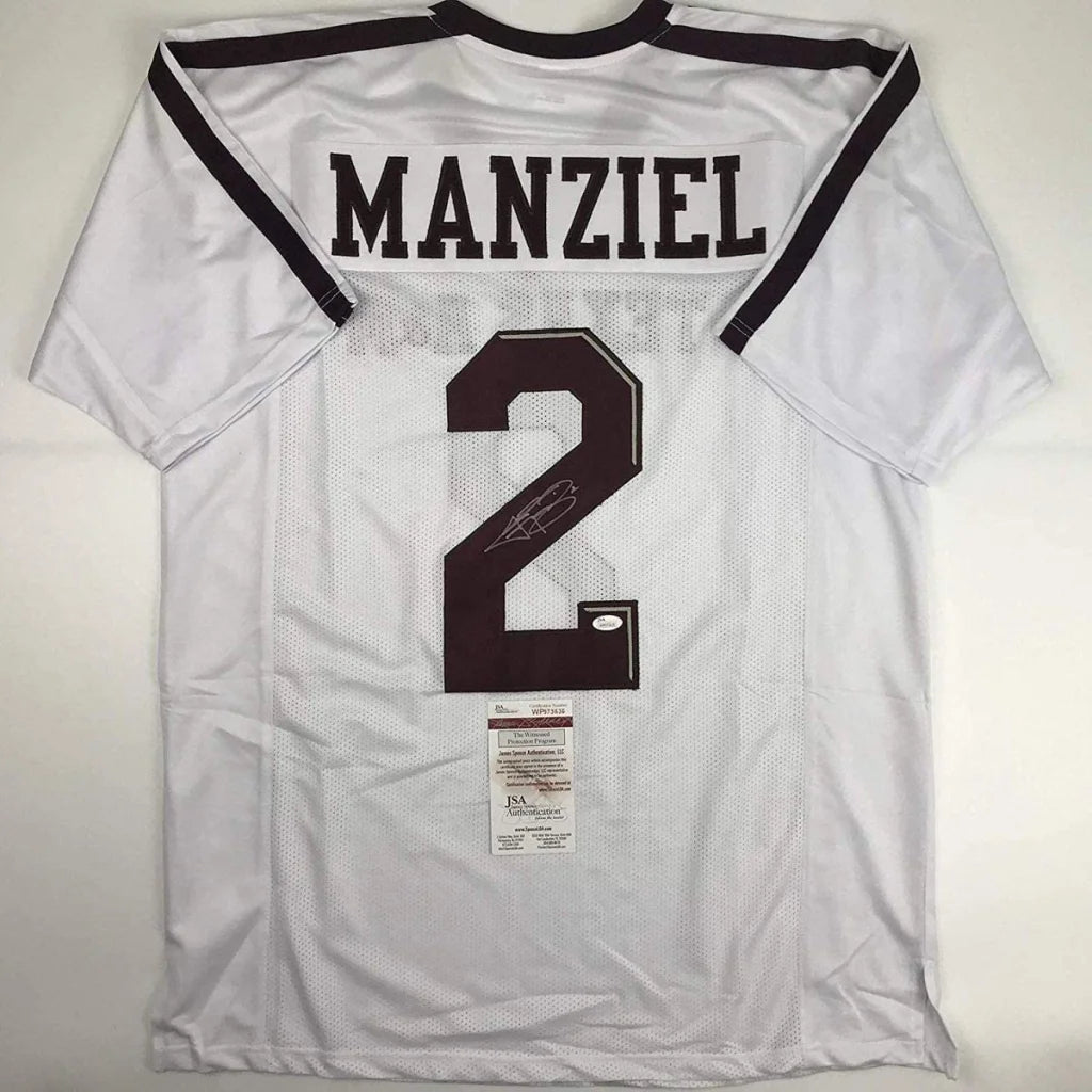 Johnny Manziel autographed Texas A&M white football jersey back view nameplate and number 2 detail