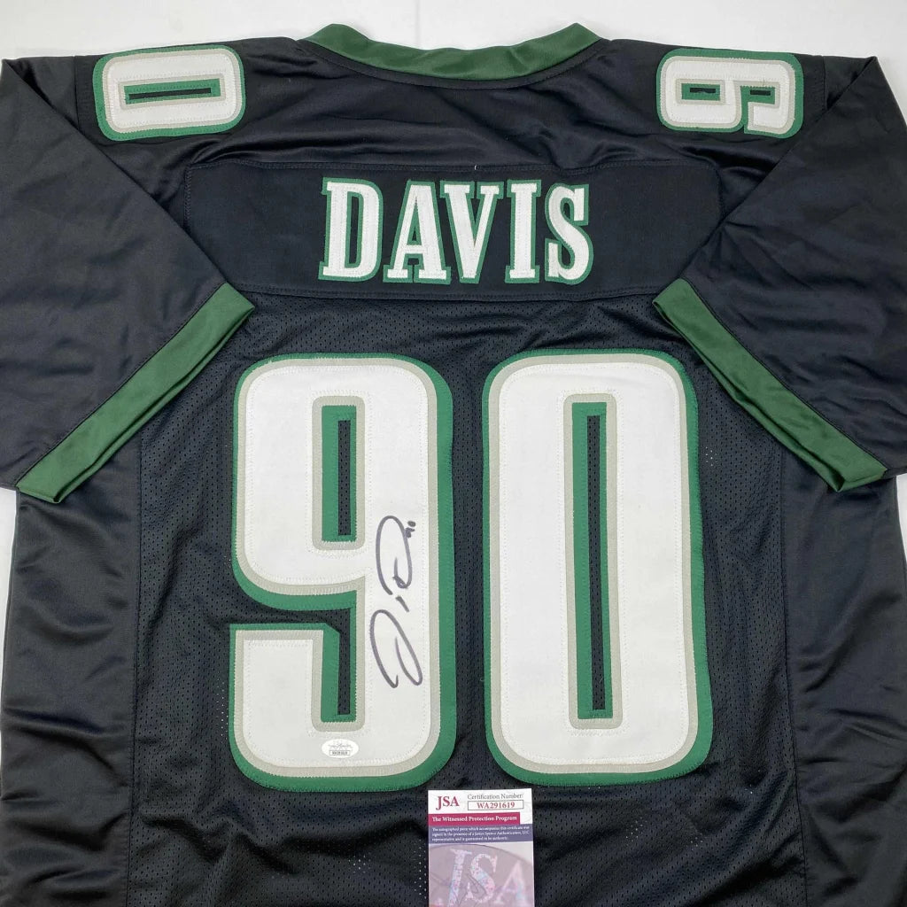 Autographed Jordan Davis Philadelphia Eagles black custom jersey with green accents, number 90, Davis name, and signature, JSA COA, professional sports