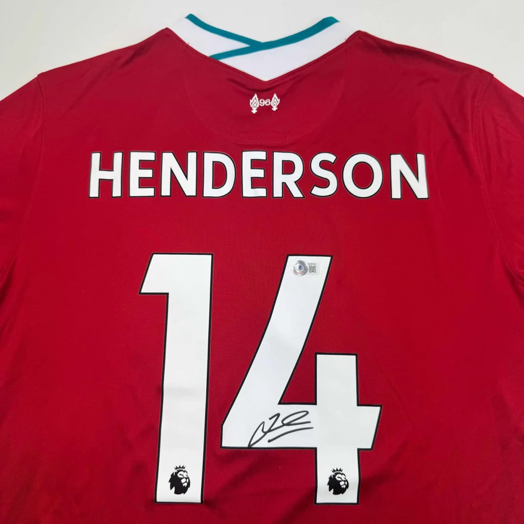 Back of autographed Jordan Henderson Liverpool FC red custom jersey with Premier League badges
