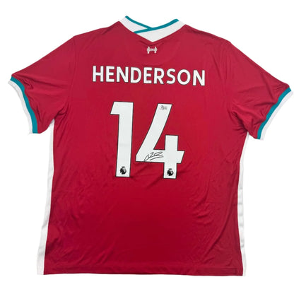 Autographed Jordan Henderson Liverpool FC red home jersey with number 14