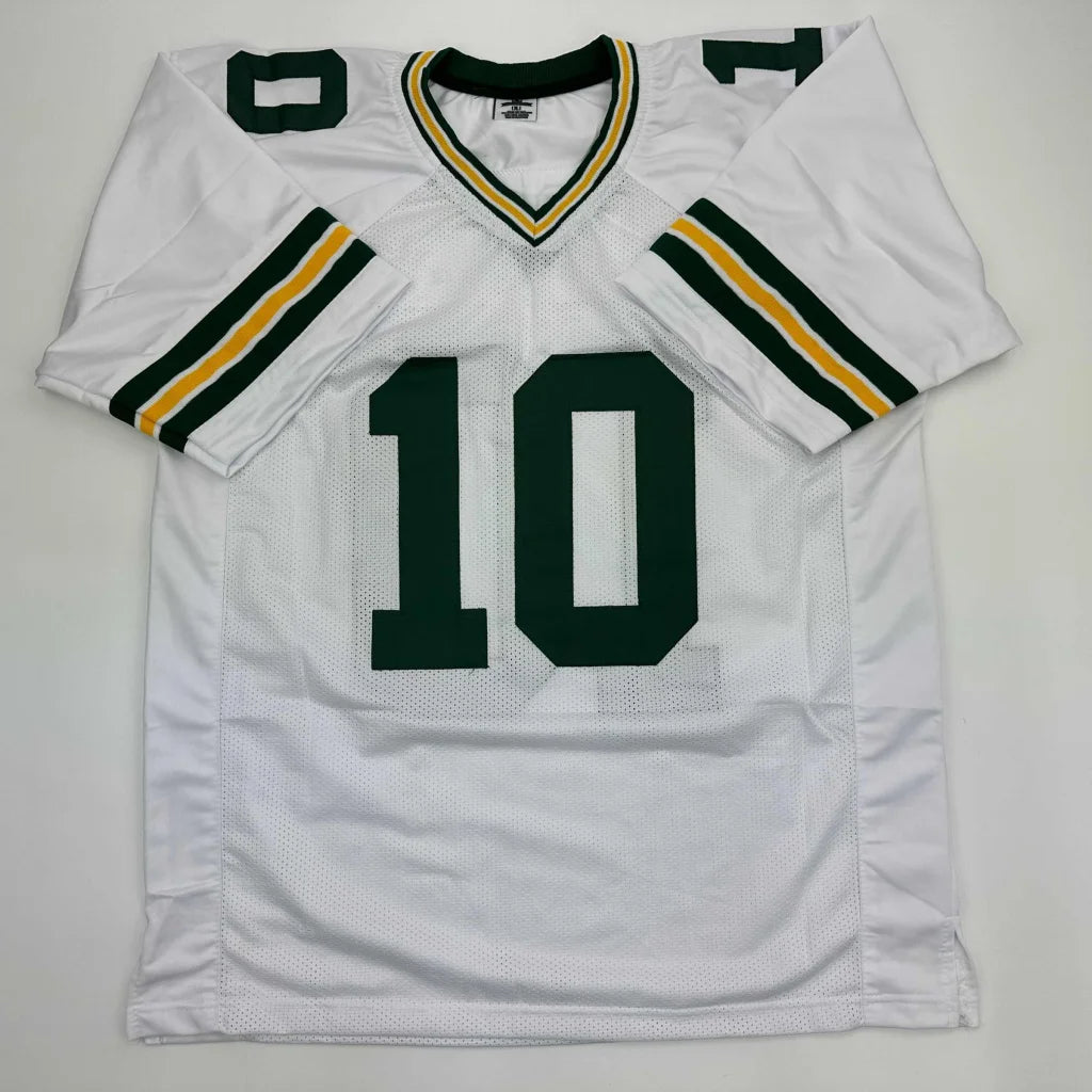 Autographed Jordan Love Green Bay custom white football jersey with green and gold accents number 10 professional sports league