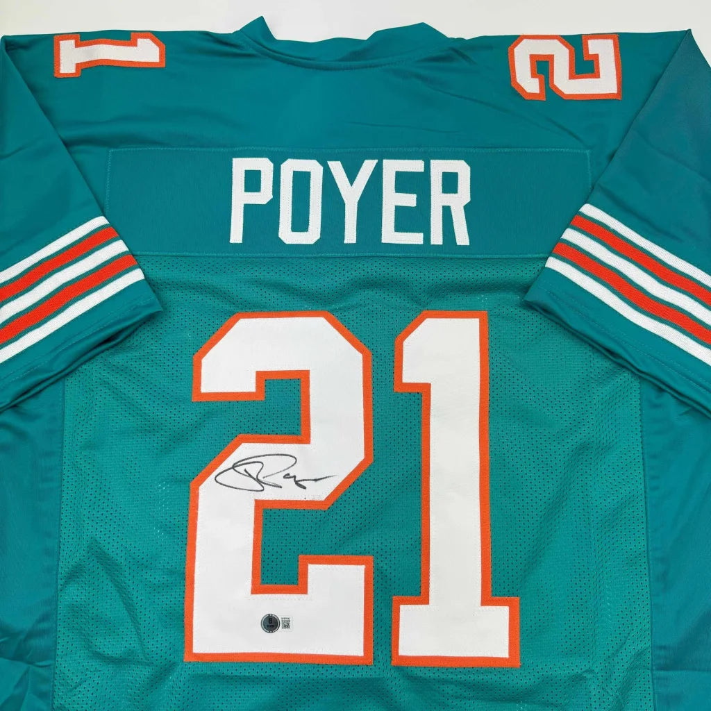 Autographed Jordan Poyer Miami Teal Football Jersey Beckett BAS COA | Certified Authentic Signed Memorabilia | vintageantiquesgifts.com