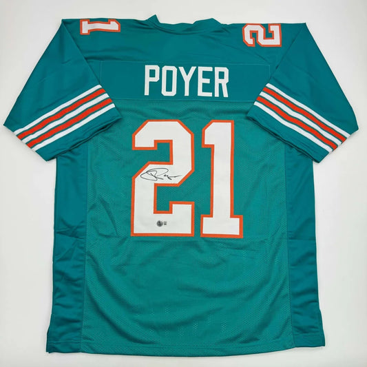 Teal Miami Dolphins custom jersey with Poyer 21 autograph from professional sports league