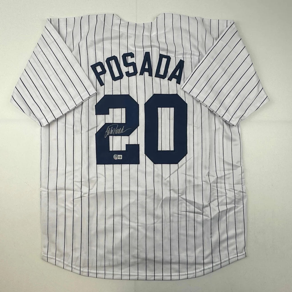 Autographed Jorge Posada New York Pinstripe Baseball Jersey Beckett BAS COA | Hall of Fame Sports Memorabilia | vintageantiquesgifts.com