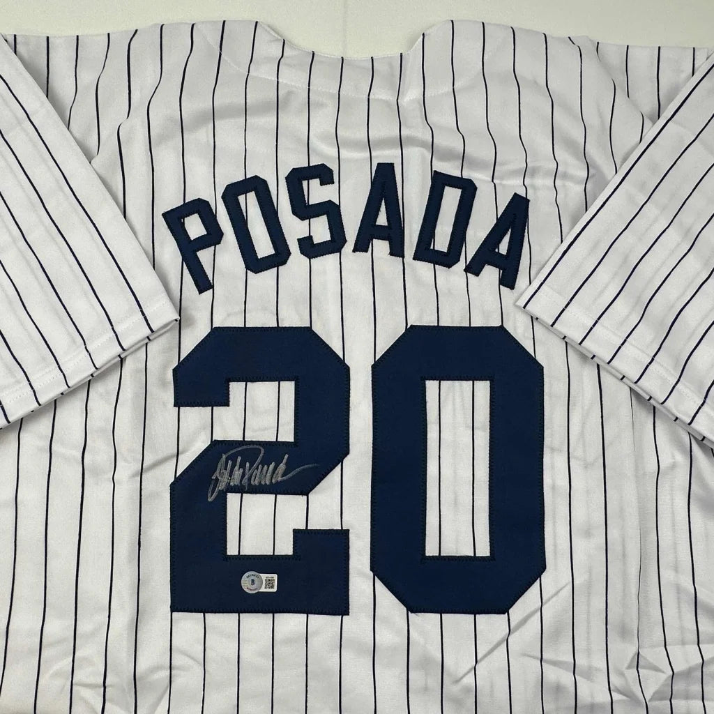 Autographed Jorge Posada New York Pinstripe Baseball Jersey Beckett BAS COA | Certified Authentic Signed Memorabilia | vintageantiquesgifts.com