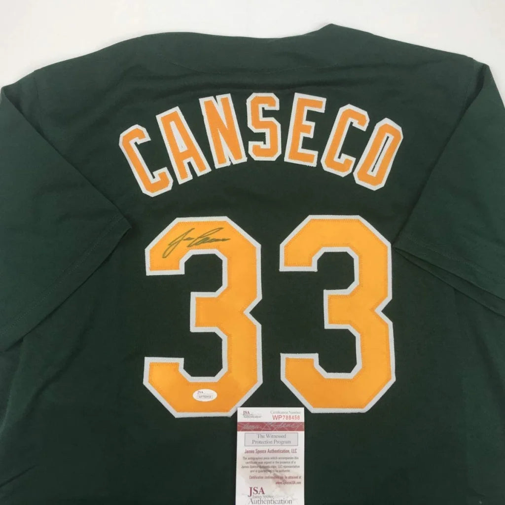 Autographed Jose Canseco Oakland Dark Green Baseball Jersey JSA COA | Certified Authentic Signed Memorabilia | vintageantiquesgifts.com