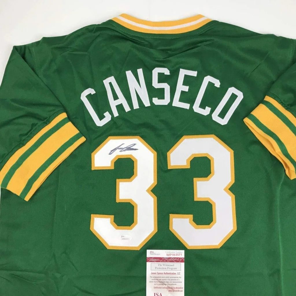 Green custom jersey with CANSECO 33 autograph, perfect for baseball sports league fans