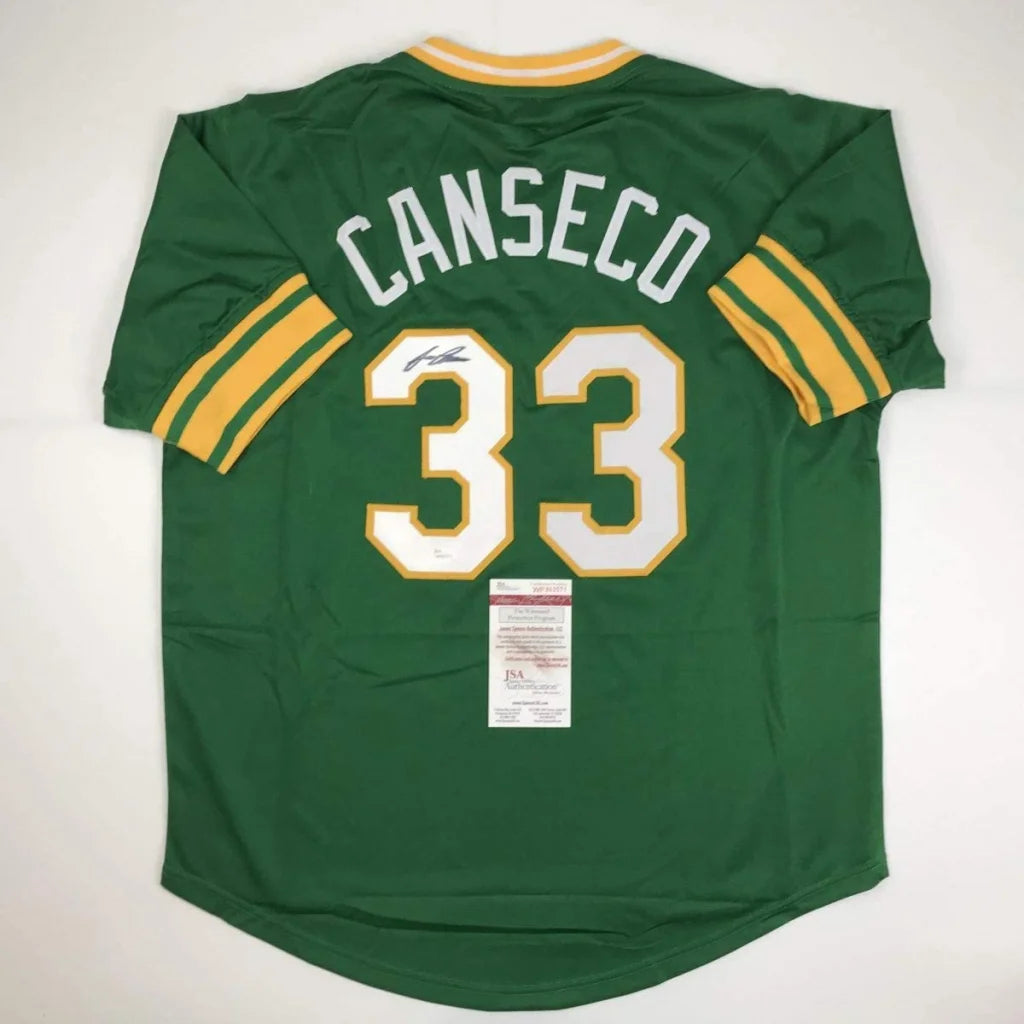 Autographed Jose Canseco Oakland Green Baseball Jersey JSA COA | Hall of Fame Sports Memorabilia | vintageantiquesgifts.com