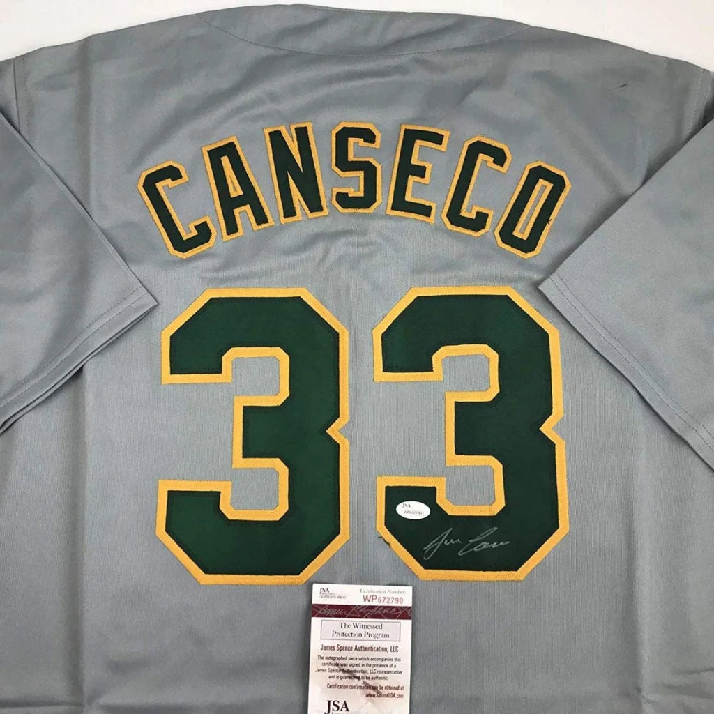 Autographed Jose Canseco gray Oakland custom jersey, number 33, JSA COA