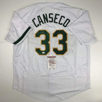 Autographed Jose Canseco Oakland White Baseball Jersey JSA COA | Hall of Fame Sports Memorabilia | vintageantiquesgifts.com