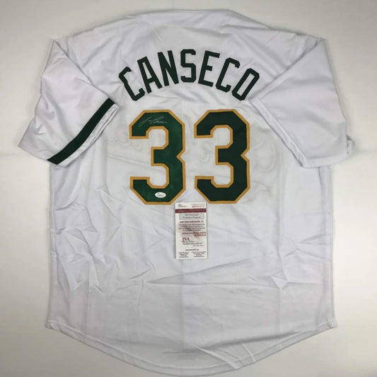 Autographed Jose Canseco Oakland White Baseball Jersey JSA COA | Hall of Fame Sports Memorabilia | vintageantiquesgifts.com
