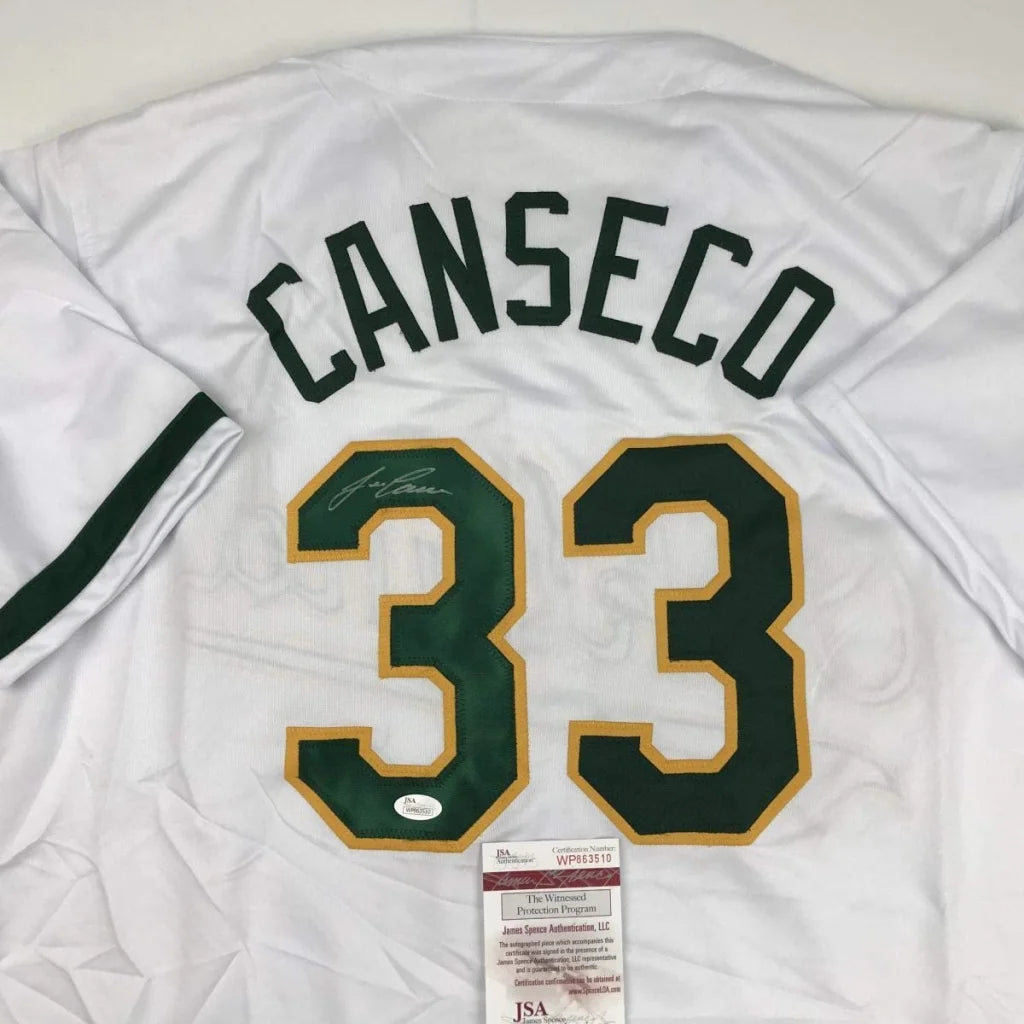 Jose Canseco autographed Oakland Athletics custom jersey celebrating professional sports history