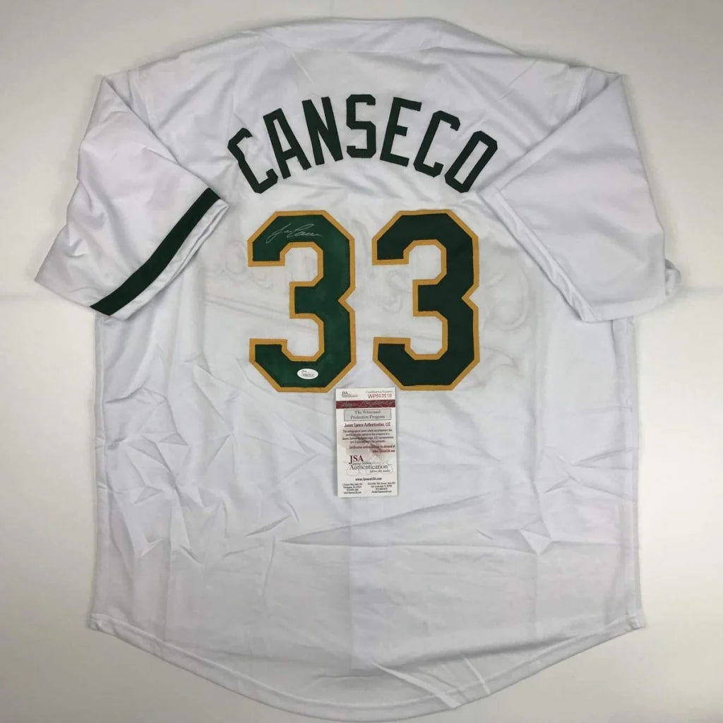 White Jose Canseco custom jersey with 33, green and gold trim, perfect for pro sports fans