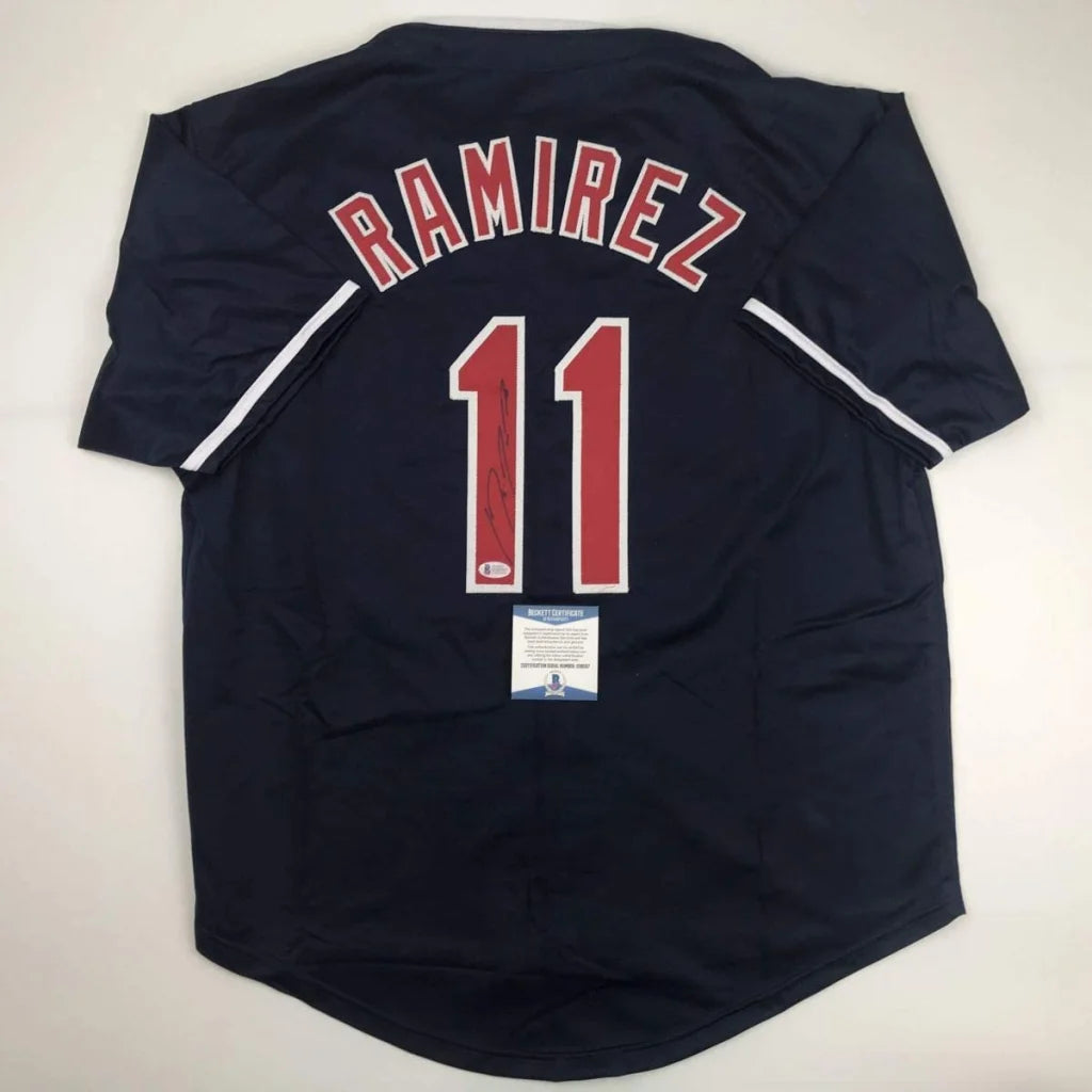 Back of autographed Jose Ramirez Cleveland custom jersey number 11 Beckett COA