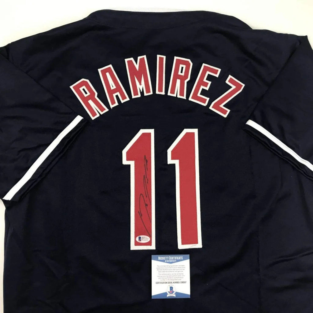 Autographed Jose Ramirez custom jersey back, navy blue with Ramirez 11, Beckett COA