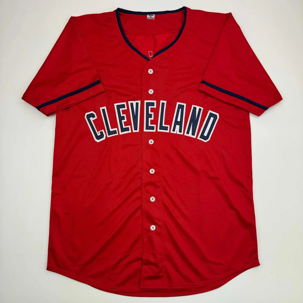 Autographed Jose Ramirez red Cleveland custom jersey with navy trim