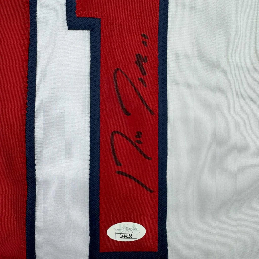 Autographed Jose Ramirez Cleveland custom jersey, red white stripes, JSA COA