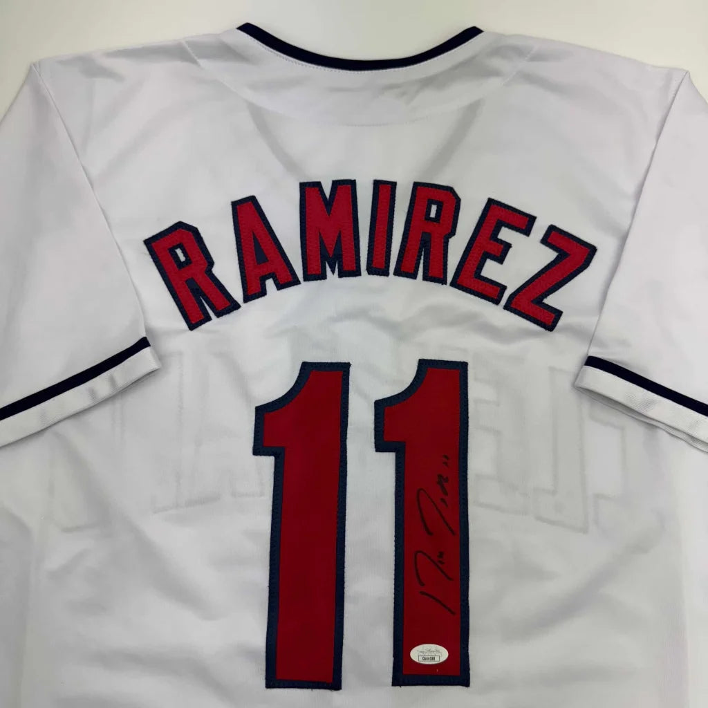 Back of autographed Jose Ramirez custom jersey, Ramirez 11, Cleveland white baseball pro sports league
