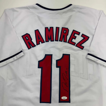 Back of autographed Jose Ramirez custom jersey, Ramirez 11, Cleveland white baseball pro sports league