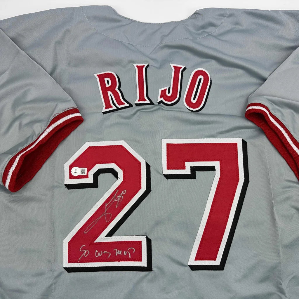 Gray custom jersey with Rijo 27, signature, perfect for professional sports fans