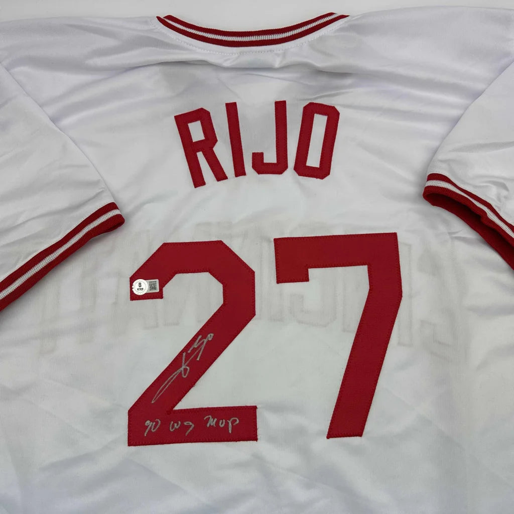 Autographed Jose Rijo custom jersey, white with red trim, name Rijo number 27, Beckett COA