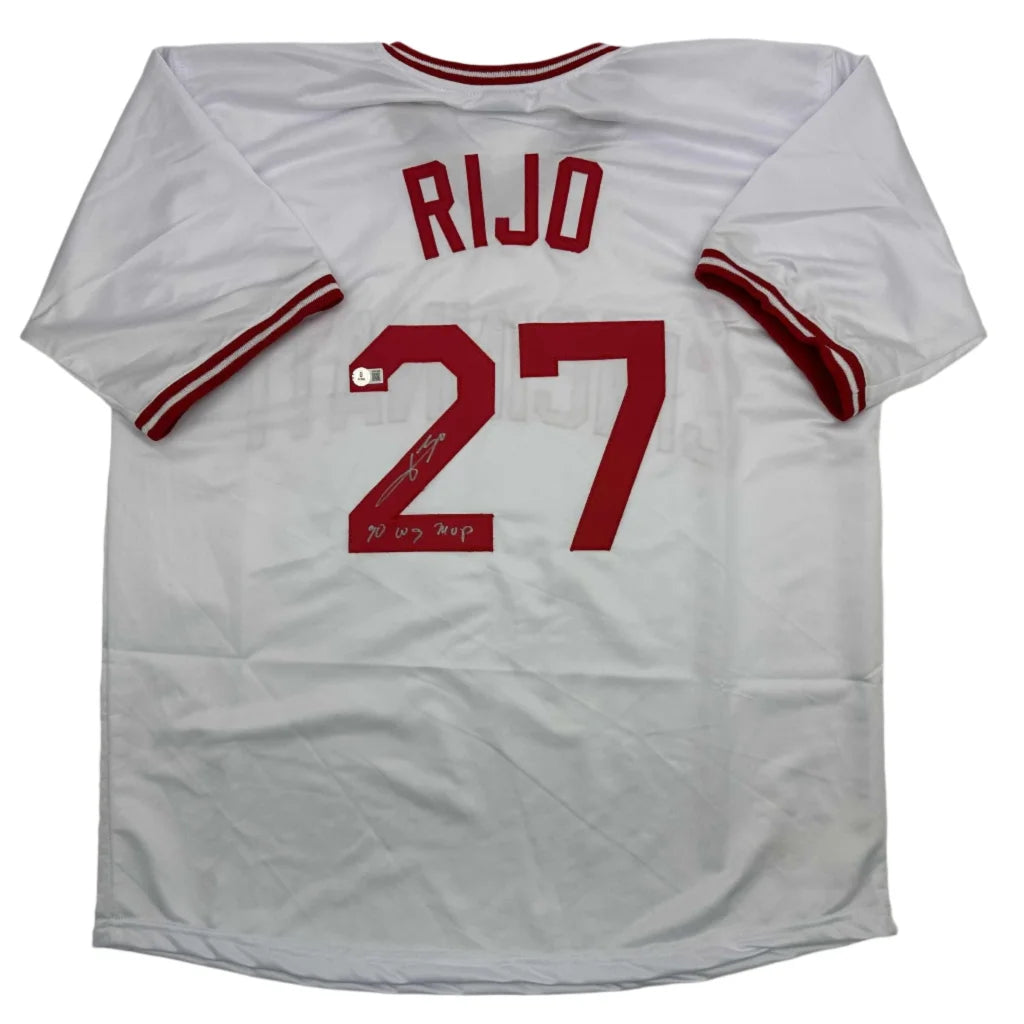 Autographed Jose Rijo custom jersey, white with red 27, Beckett COA
